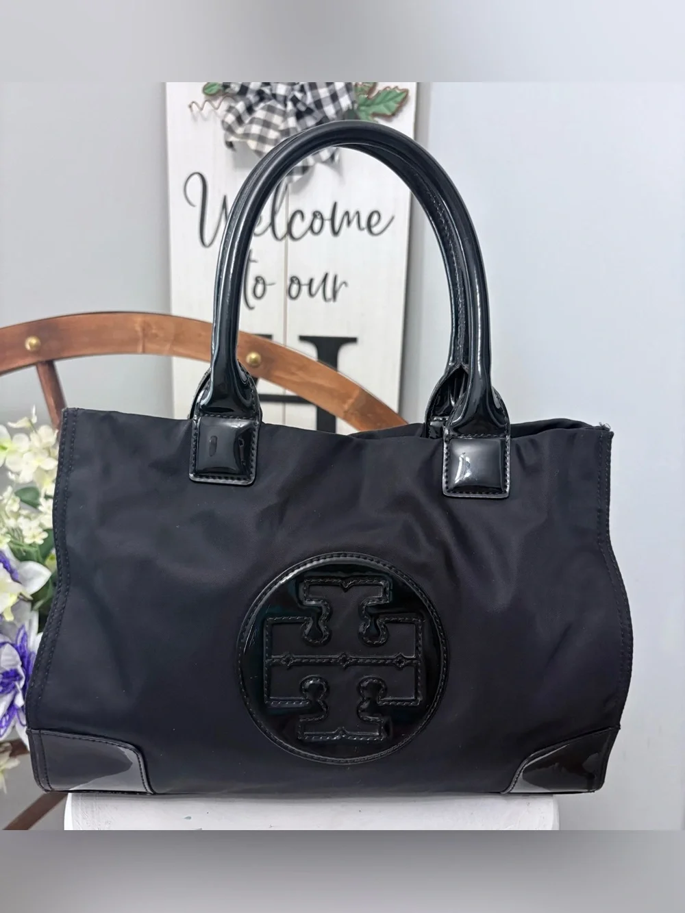 🖤 TORY BURCH Black Ella Tote with tan interior